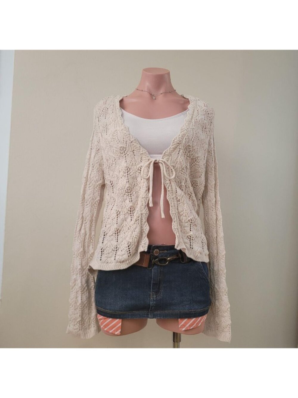 Retrod Beige Openwork Lace Knit Tie-Front Summer Cardigan (M)